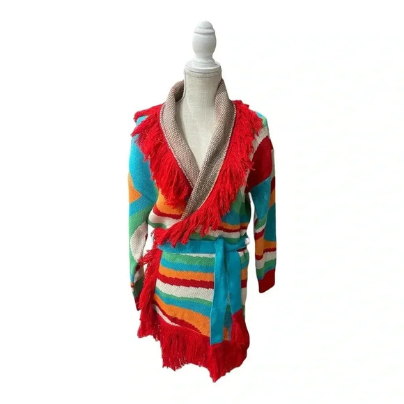 Dee Elly Print Red Fringe Long Open Cardigan Women’s size Small - Picture 2 of 14